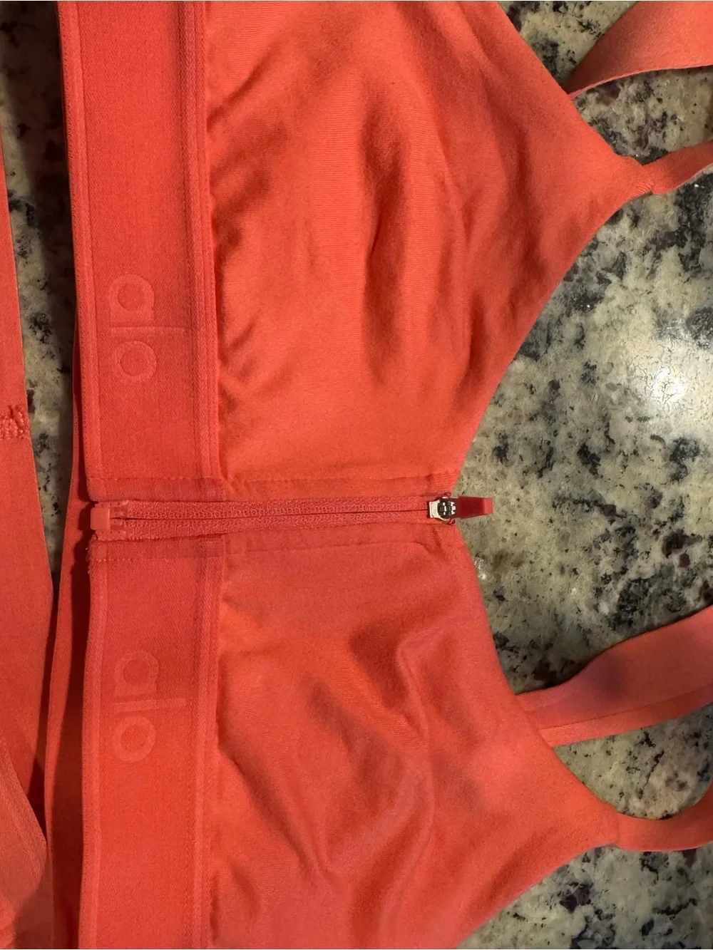 ALO Yoga Coral Zip-Front Sports Bra and High-Rise Shorts - Picture 3 of 3